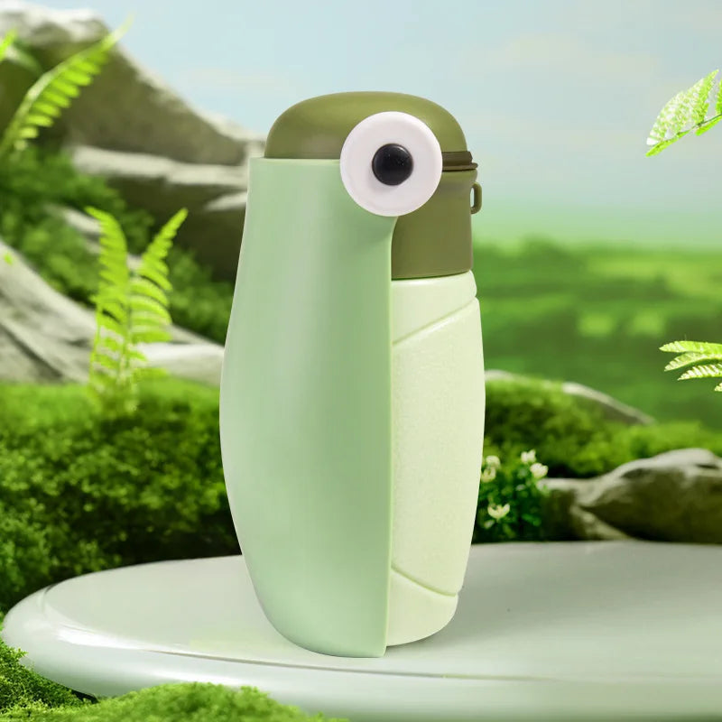 Green and white bottle with a unique design on a natural background