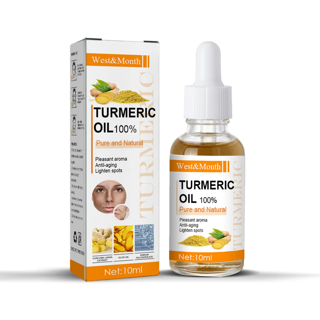 Turmeric oil bottle and packaging with West&Month branding on a white background