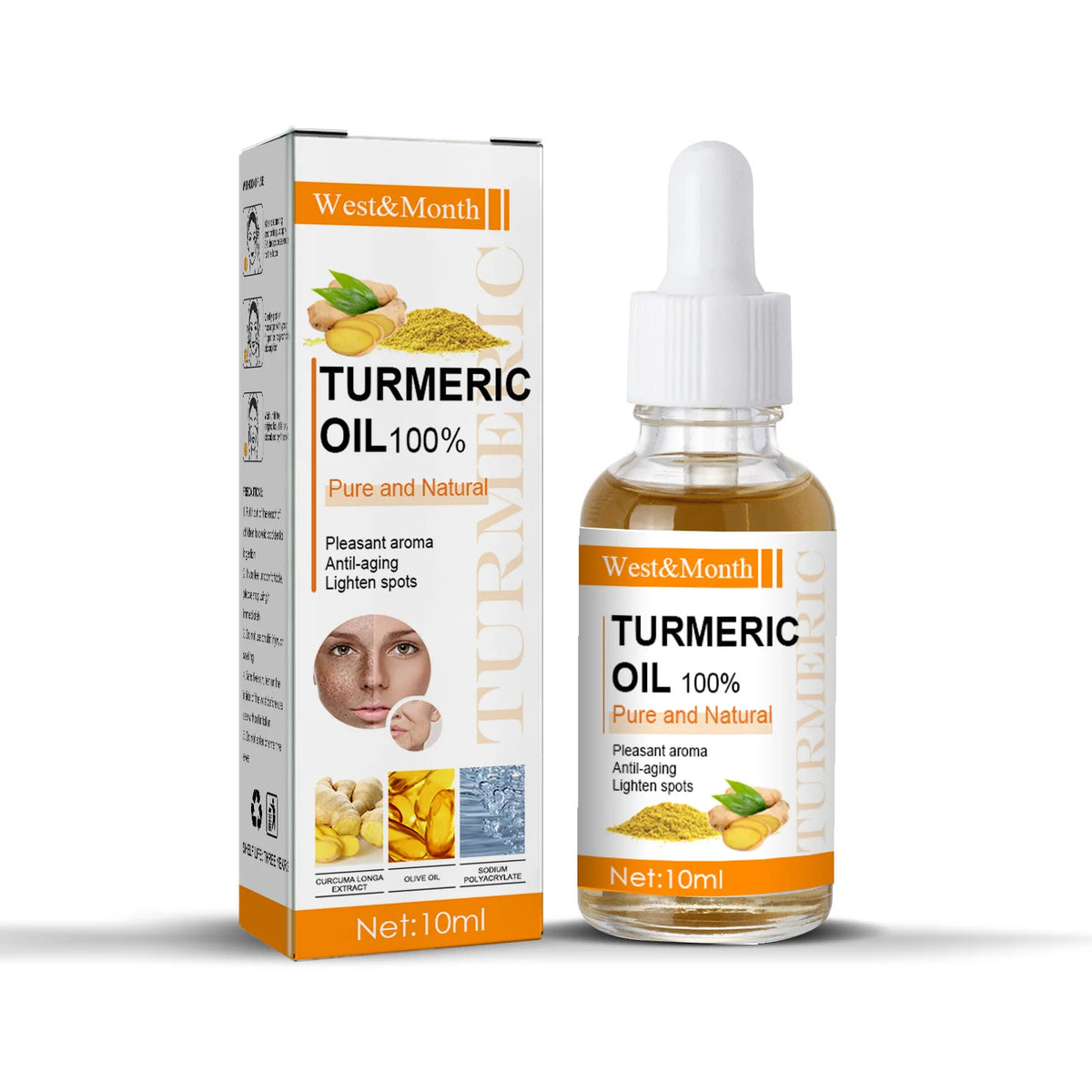 Turmeric oil bottle and packaging with West&Month branding on a white background