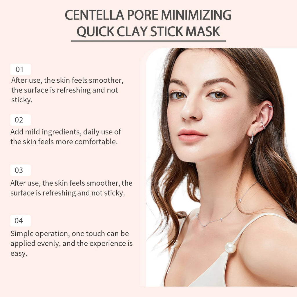Woman with a Centella Pore Minimizing Quick Clay Stick Mask on a light pink background