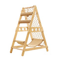 Wooden pet climbing structure with steps and a net on a white background
