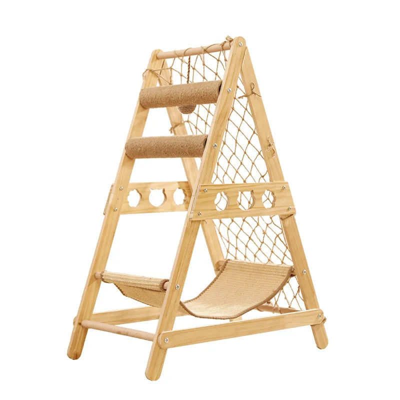 Wooden pet climbing structure with steps and a net on a white background