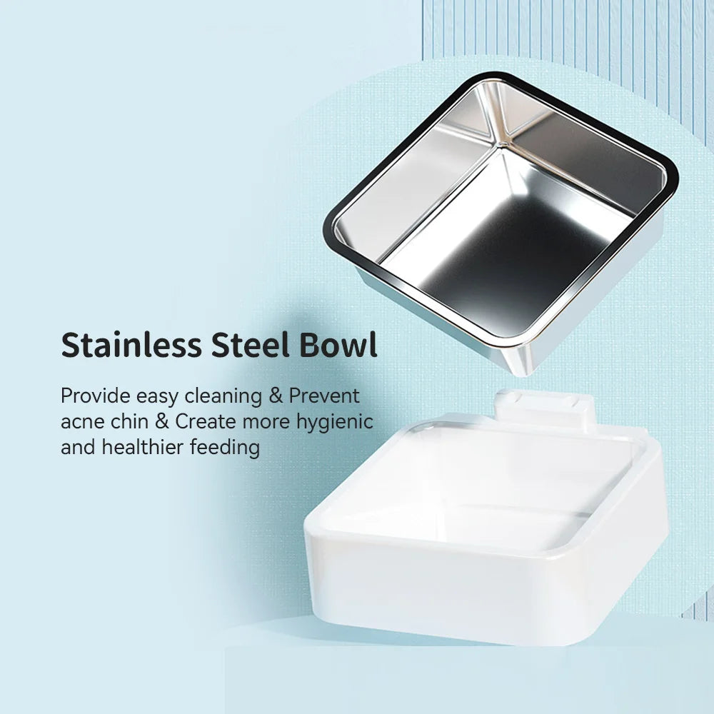 A stainless steel pet food bowl floating above a white plastic insert or liner, with marketing text on a light blue background. The text reads: 'Stainless Steel Bowl' and 'Provide easy cleaning & Prevent acne chin & Create more hygienic and healthier feeding.