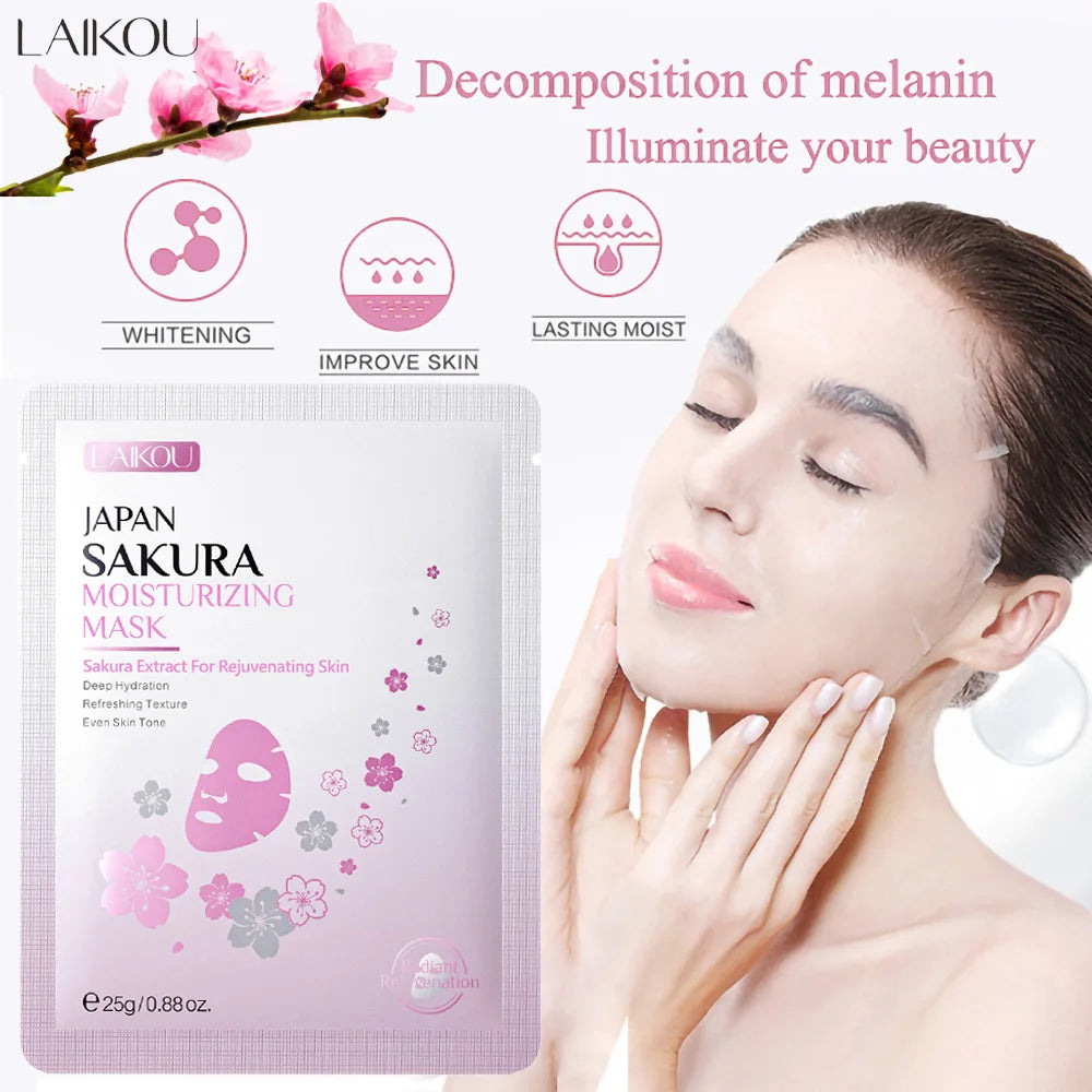 LAIKOU Japan Sakura Moisturizing Mask with a woman applying the mask and cherry blossoms.