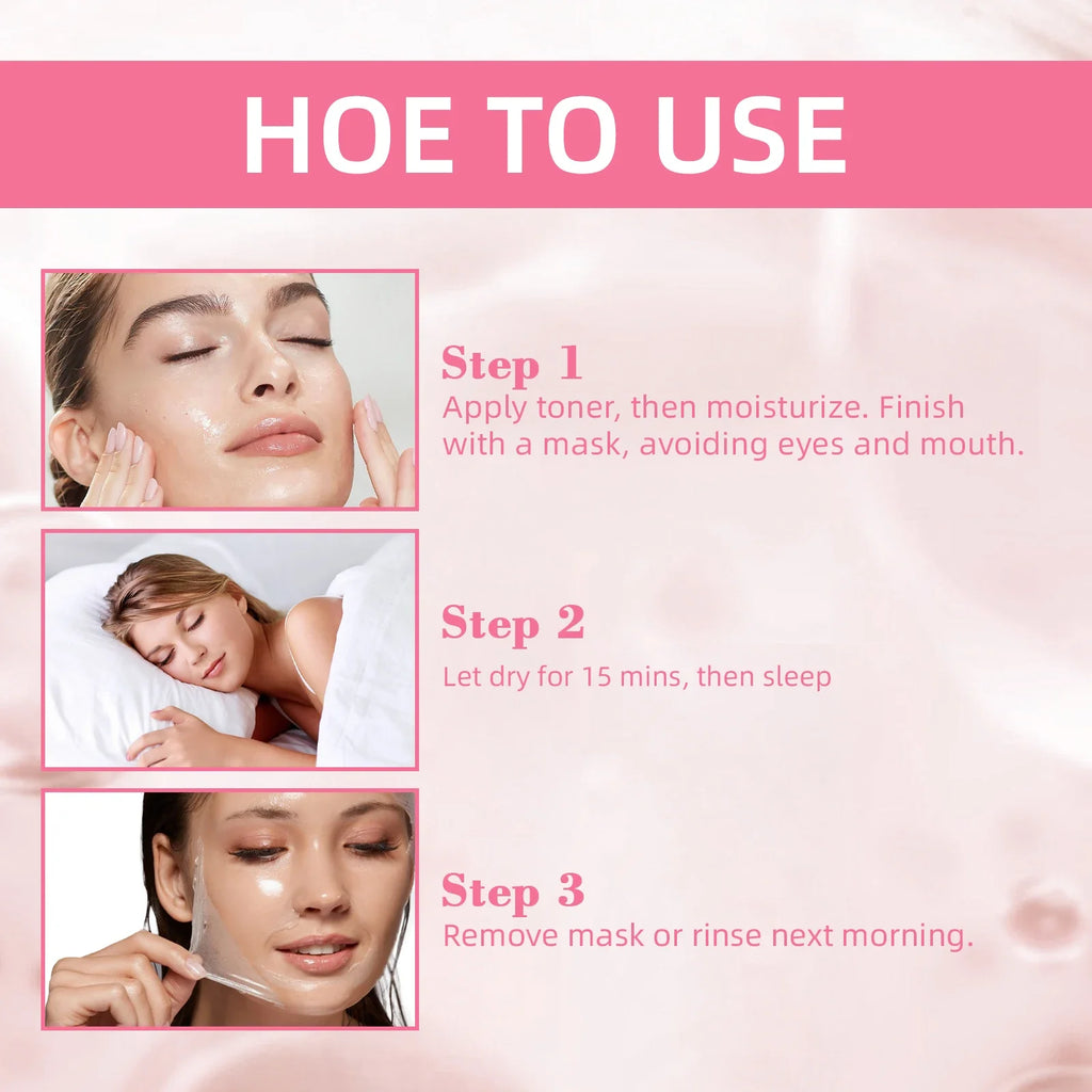 Instructions on how to use a skincare product with step-by-step guidance on a pink background.