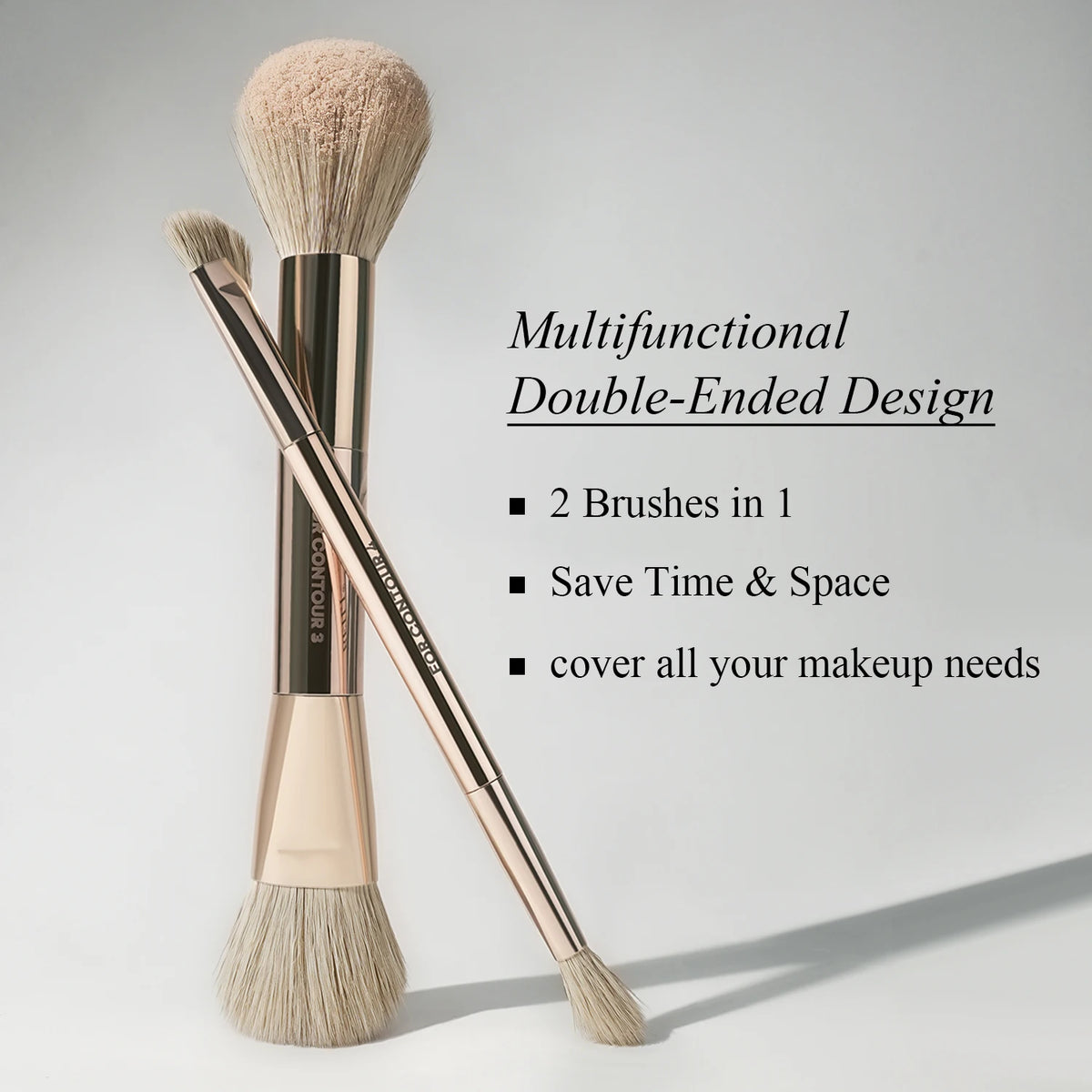 Multifunctional double-ended makeup brush set with text on a light gray background