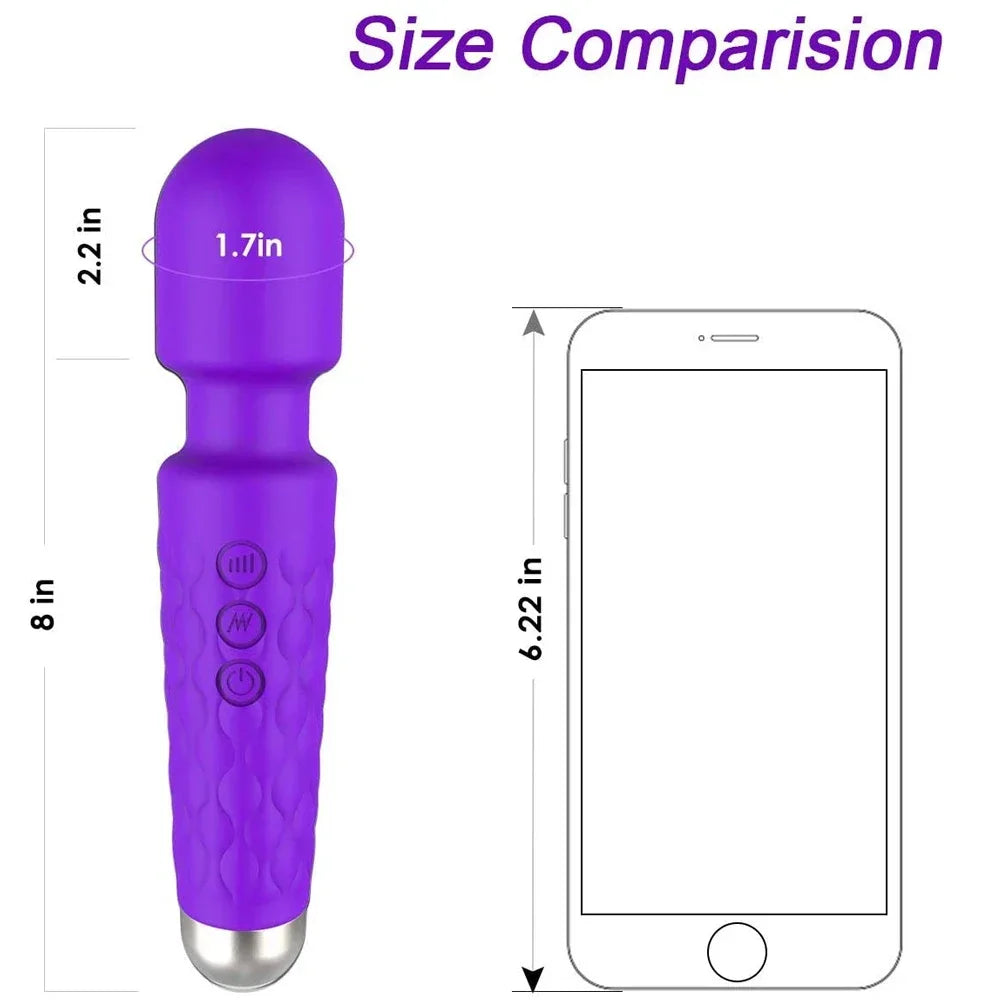 Purple electronic device with dimensions compared to an iPhone on a white background