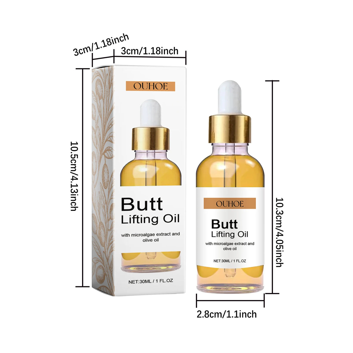 Butt Lifting Oil packaging with dropper and dimensions on a white background