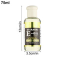 Bottle of Vitamin E oil with dimensions labeled on a white background