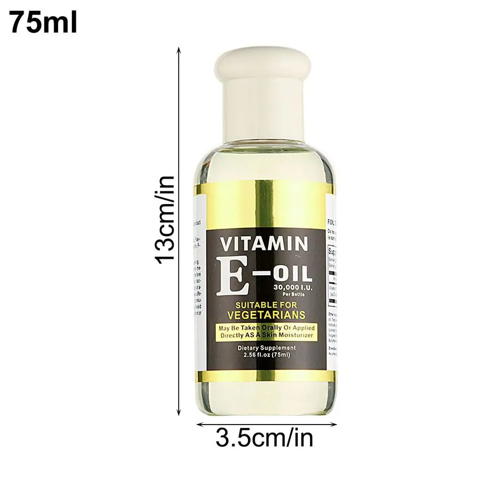 Bottle of Vitamin E oil with dimensions labeled on a white background