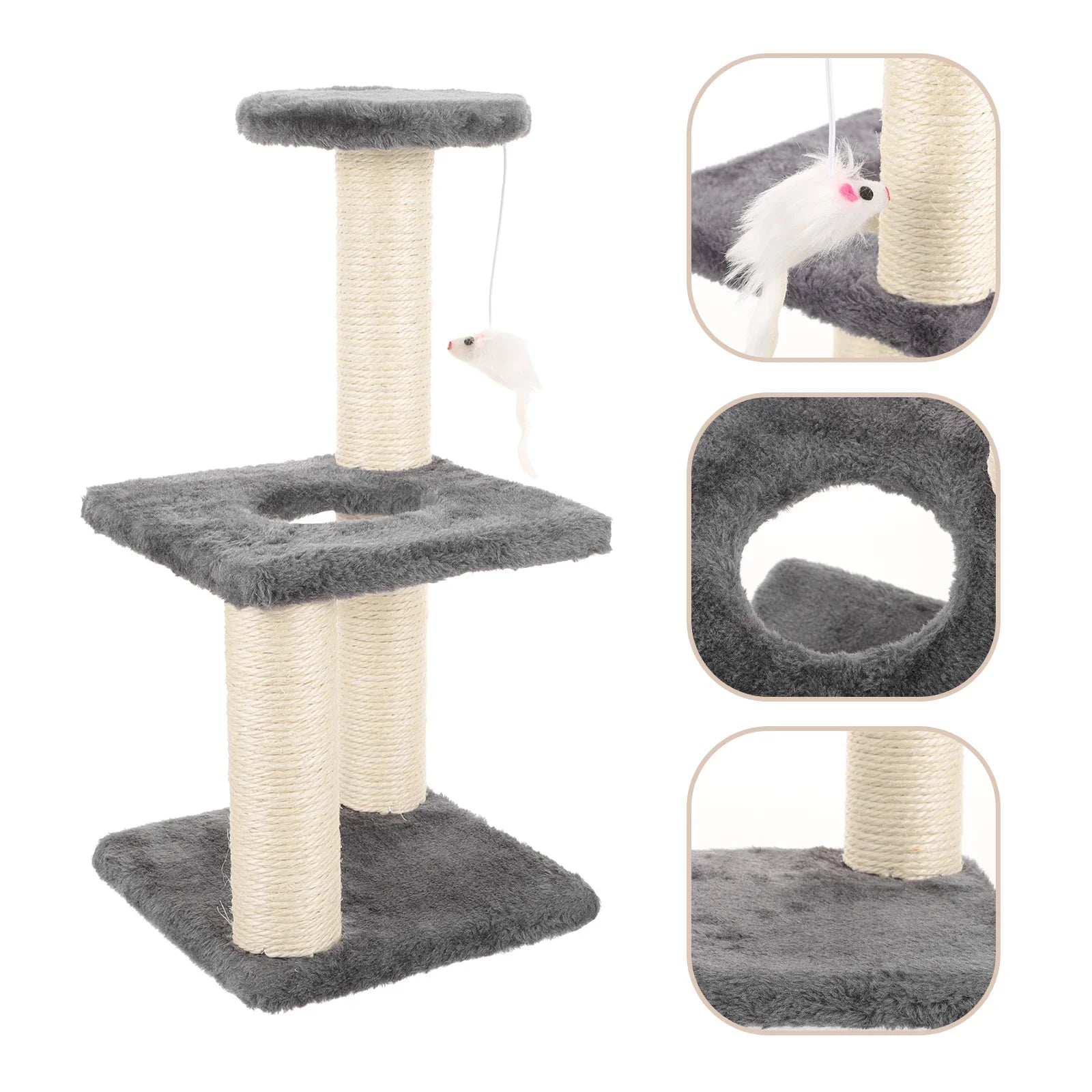 Cat tree with multiple levels and a cat climbing on it, set against a white background.