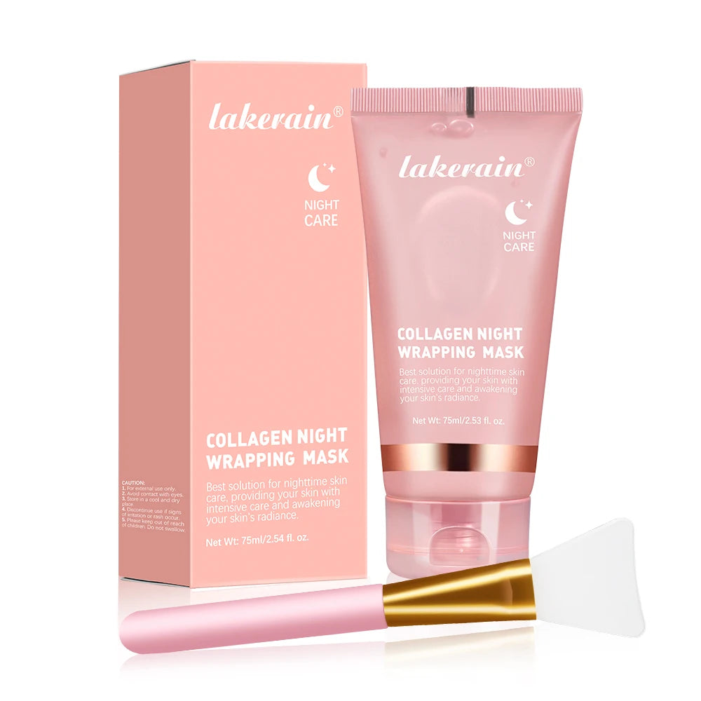 Lakerain Collagen Night Wrapping Mask set, featuring a pink product box, a pink squeeze tube with a clear cap, and a pink spatula applicator with a white silicone tip, arranged on a clean white background.