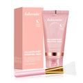 Lakerain Collagen Night Wrapping Mask set, featuring a pink product box, a pink squeeze tube with a clear cap, and a pink spatula applicator with a white silicone tip, arranged on a clean white background.
