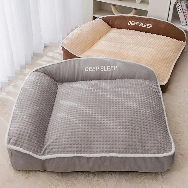 Two pet beds, one gray and one beige, with 'DEEP SLEEP' text on a light wooden floor.