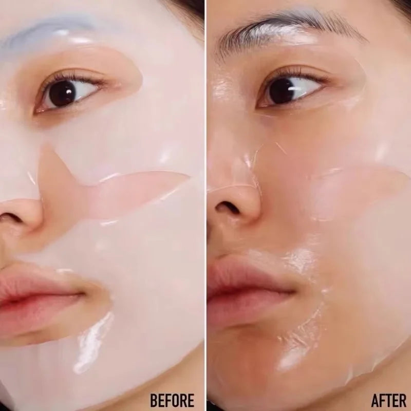 Before and after comparison of a facial mask application on a person's face.