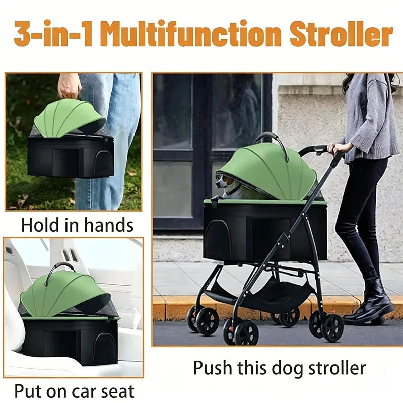 3-in-1 multifunctional dog stroller with images showing how to use it.