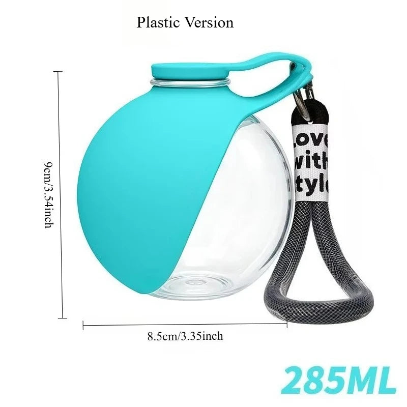 Turquoise pet water bottle with measurements and text on a white background
