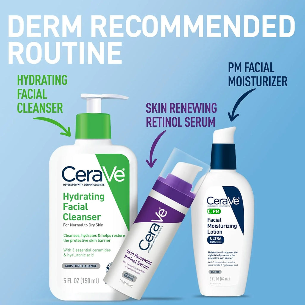 CeraVe skincare products with labels for 'Hydrating Facial Cleanser', 'Skin Renewing Retinol Serum', and 'PM Facial Moisturizer' on a blue background.
