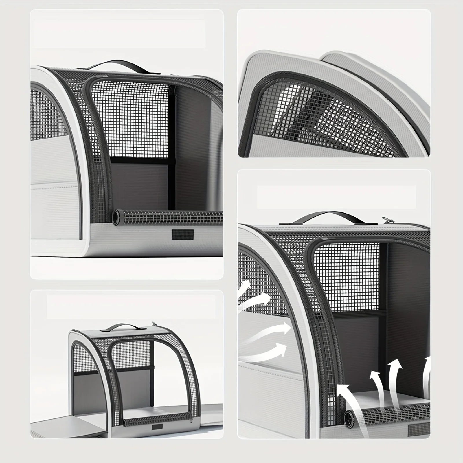 Collage of a pet carrier with mesh sides and a handle, showing different angles and features.
