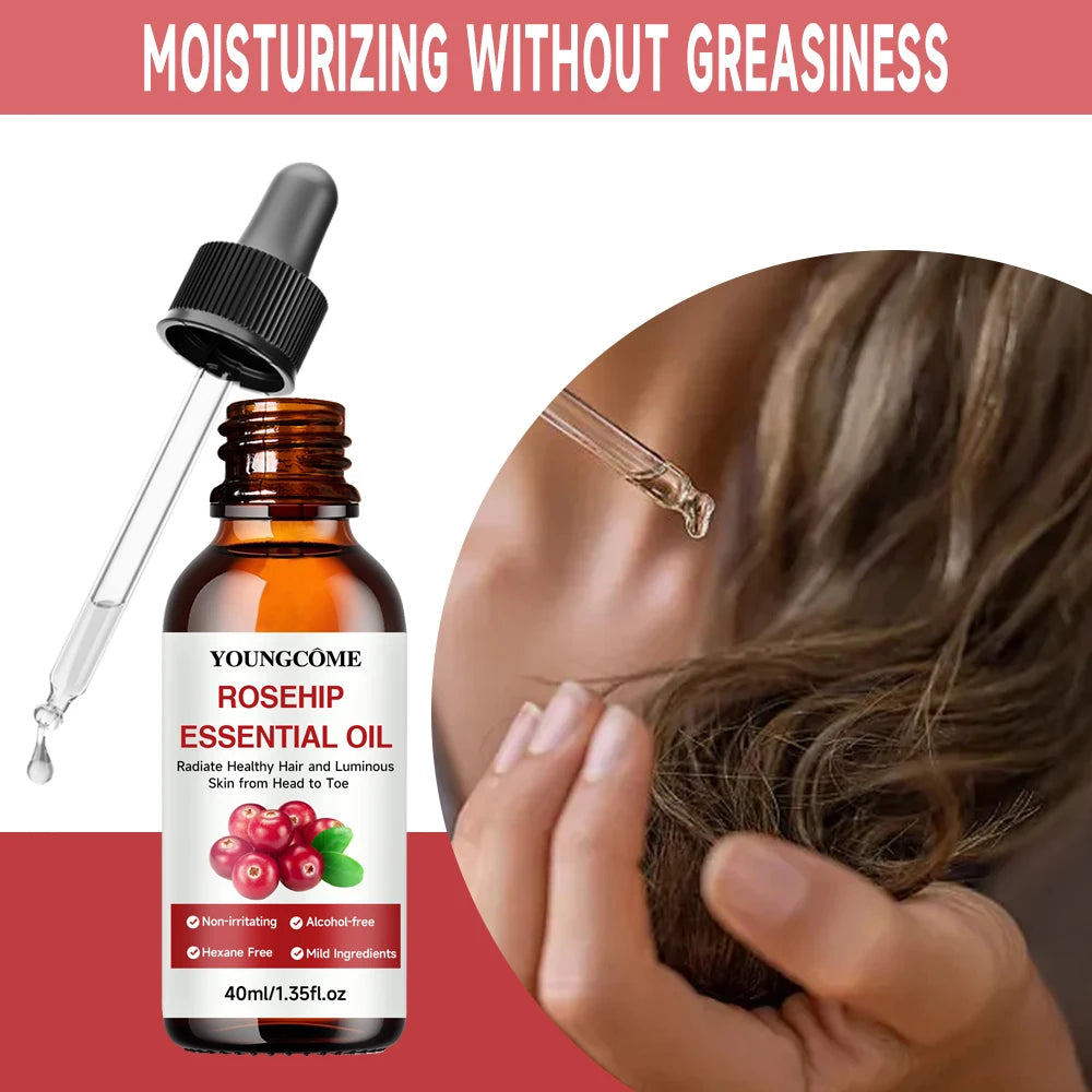 Youngcome Rosehip Essential Oil bottle with dropper and a person applying oil to hair.