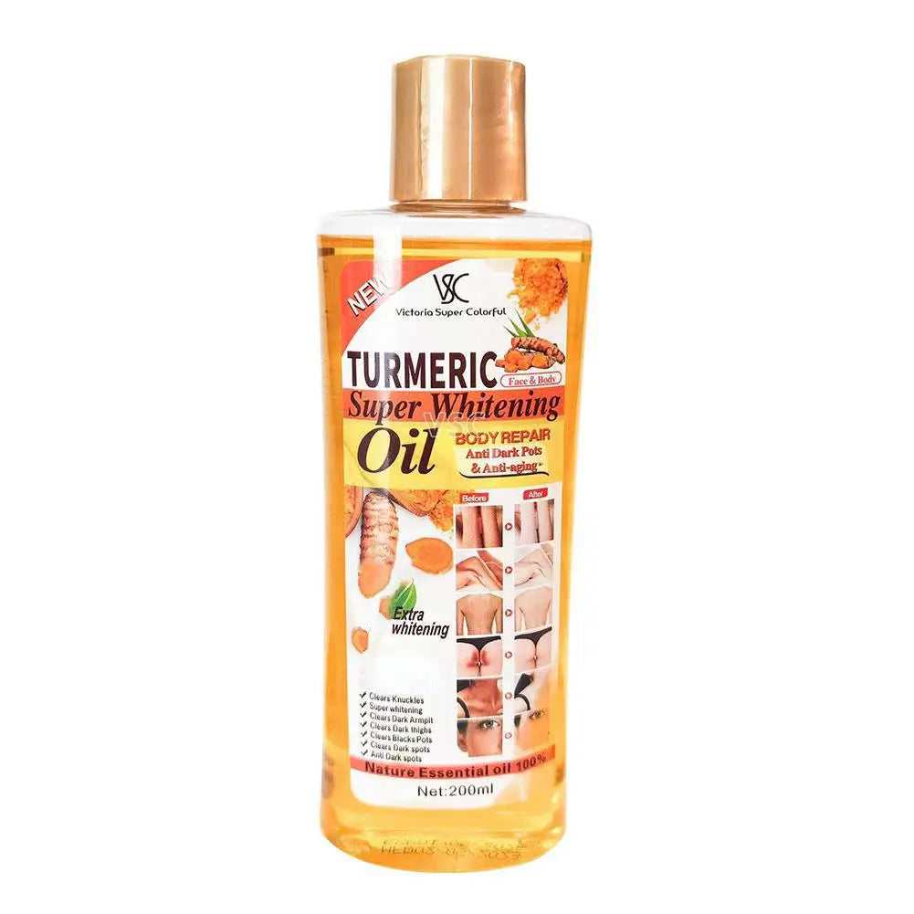 Turmeric super whitening oil bottle with gold cap on a white background