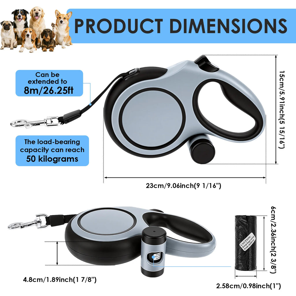 Retractable dog leash with dimensions and product details on a white background