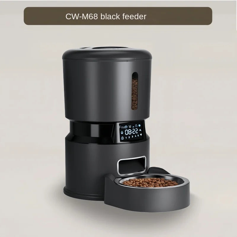 Black pet feeder with digital display on a beige background
