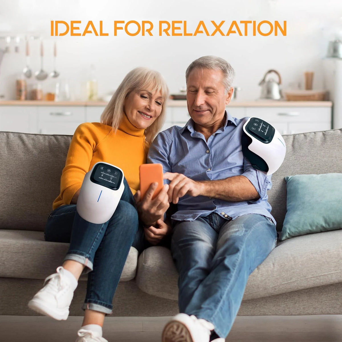 Man and woman sitting on a couch with electronic devices, text 'Ideal for Relaxation' above them.
