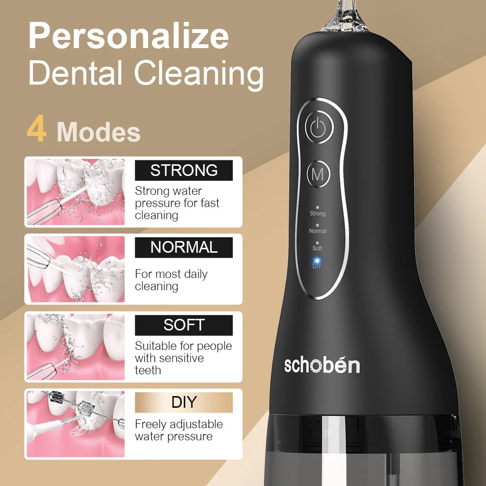 Black dental cleaning device with mode indicators on a beige background, featuring the Schobén brand.