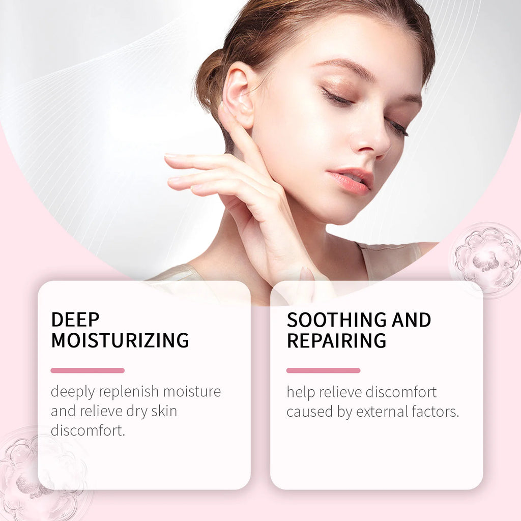 Woman touching her face with text about deep moisturizing and soothing repair on a light pink background