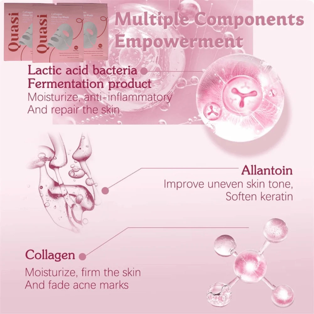 Diagram of skincare benefits with Quasi branding on a pink background