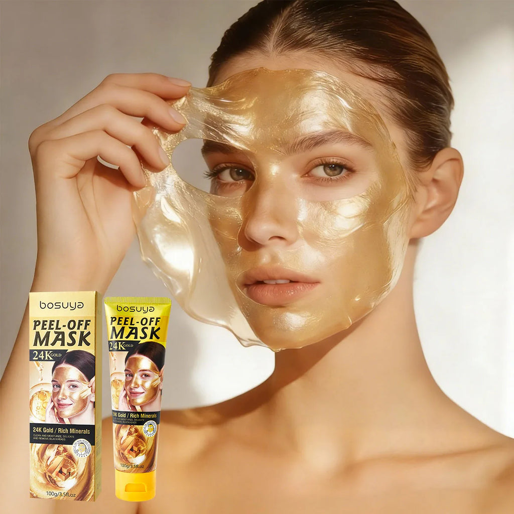 A woman with a shiny gold peel-off mask on her face holds the translucent sheet with one hand. Two small product boxes and tubes labeled bosuye PEEL-OFF MASK are shown at the lower left against a soft light gray background.