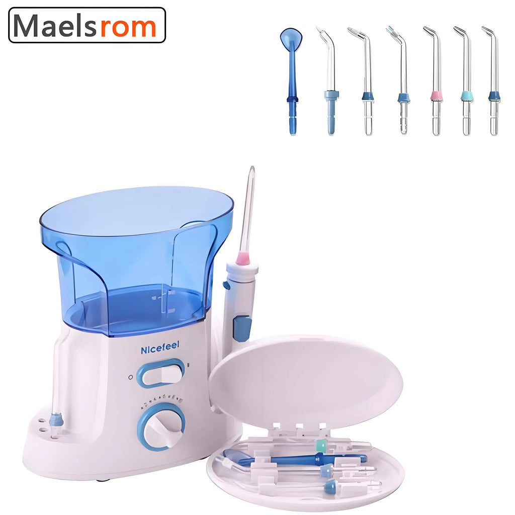 Maelsrom Nicefeel oral irrigator water flosser set in white and translucent blue, shown with multiple interchangeable nozzle tips and accessories in an open case on a white background.
