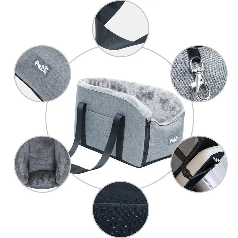Gray pet carrier with multiple views on a white background