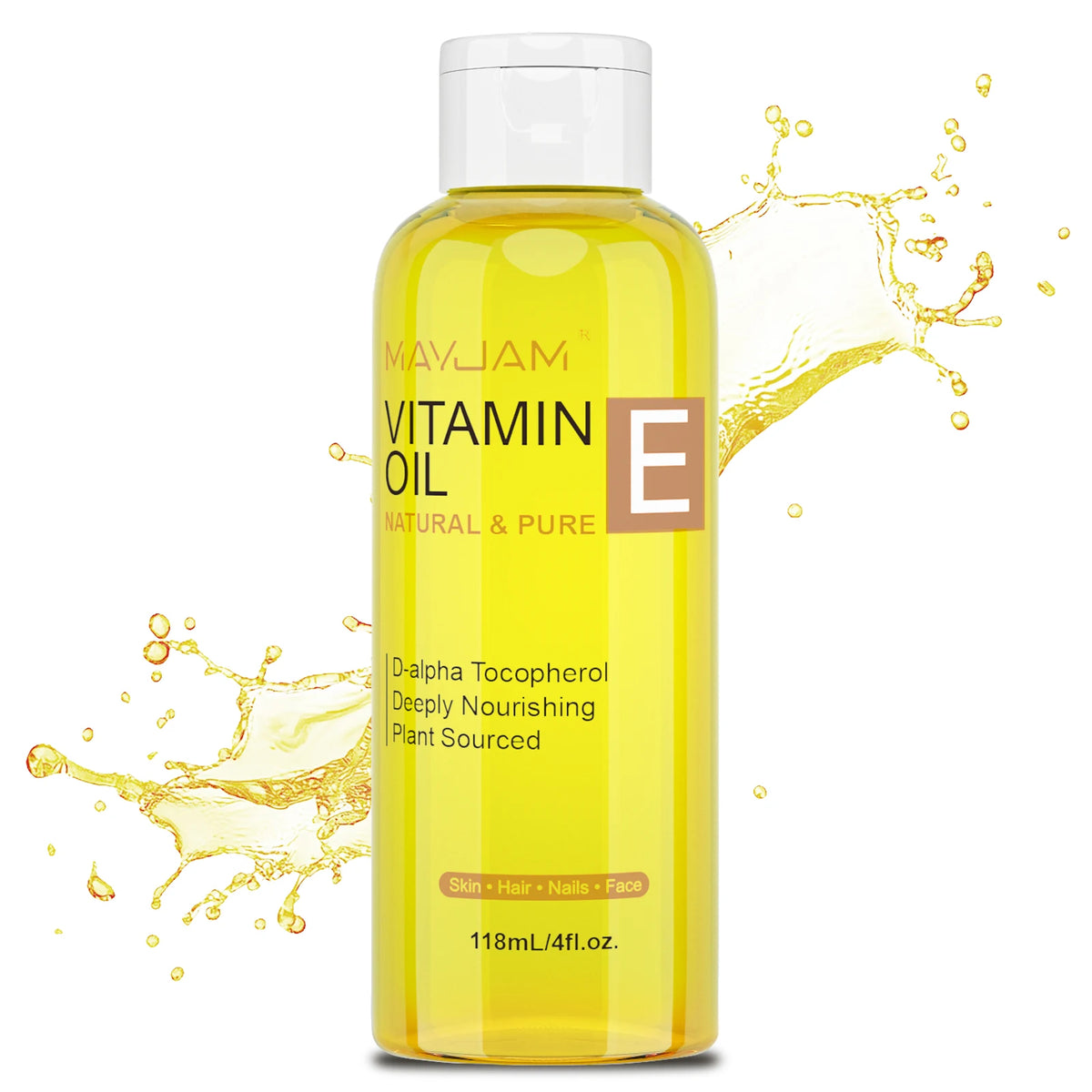 Bottle of Mayjam Vitamin E oil with a white cap on a white background