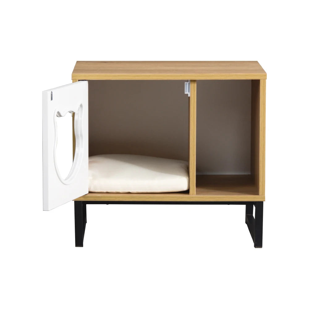 Wooden pet crate with a white door on a white background