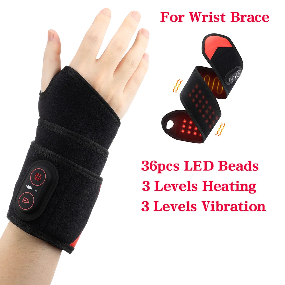 Black wrist brace with LED beads and heating/vibration functions on a white background