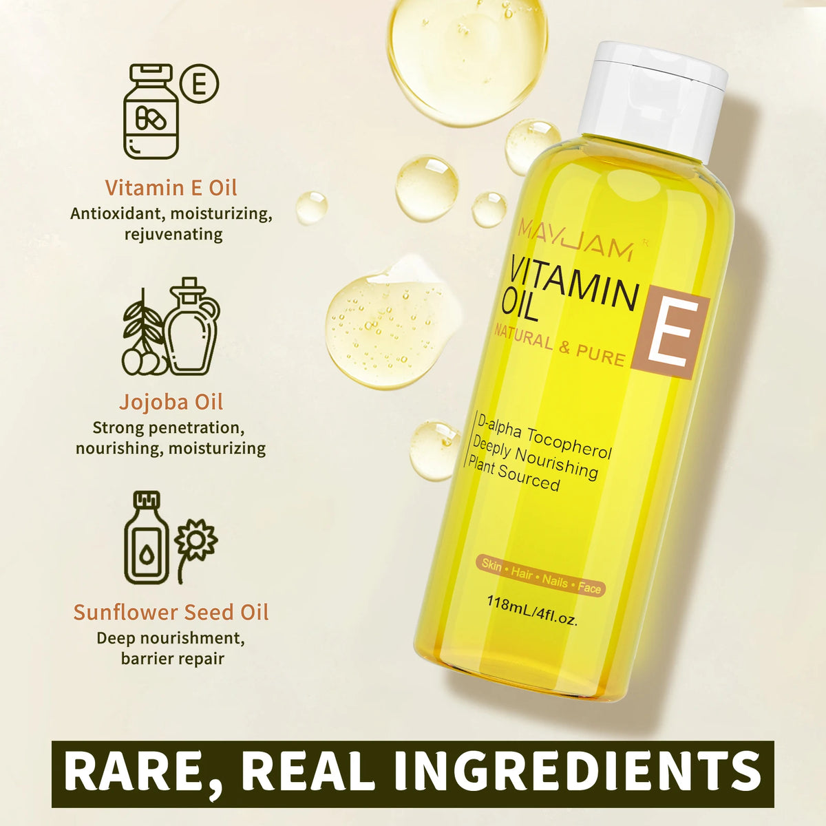 Bottle of vitamin E oil with ingredients listed on a beige background