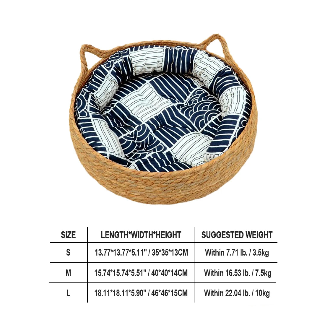 Woven pet bed with blue and white patterned cushion, size chart below.
