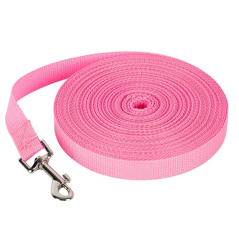 Pink dog leash with metal clip on a white background
