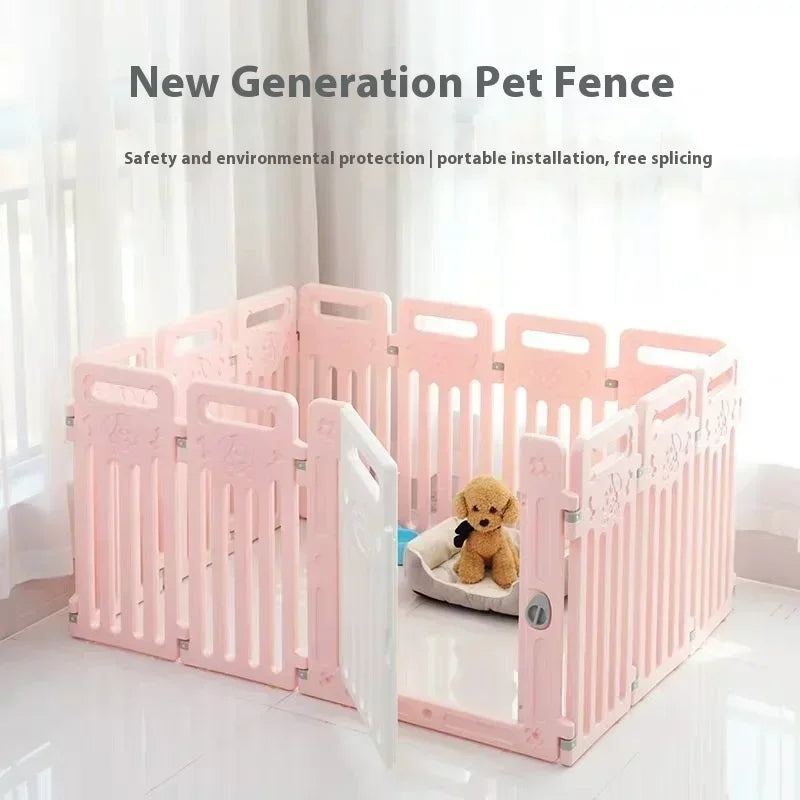 A pink modular plastic pet playpen enclosure with a small yellow plush dog sitting inside, set on a glossy white floor in front of a bright white curtain background. Text at the top reads 'New Generation Pet Fence' with smaller descriptive copy.