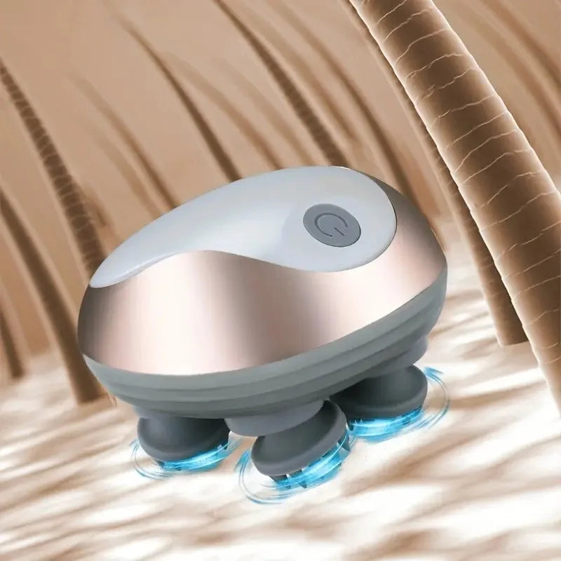 Portable device with blue lights on a beige fabric background