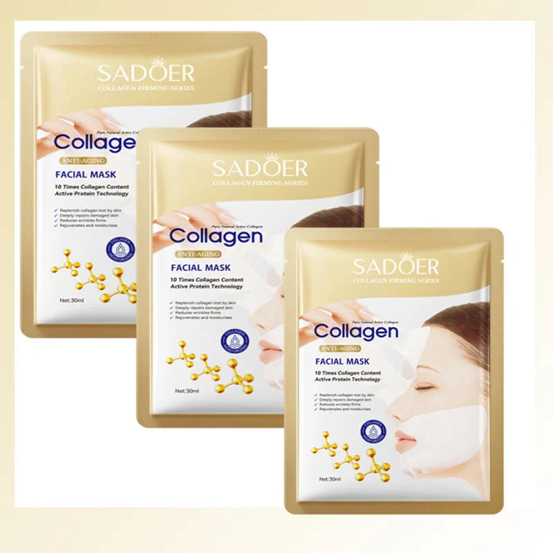 Three packages of Sadoer Collagen Facial Mask on a light beige background