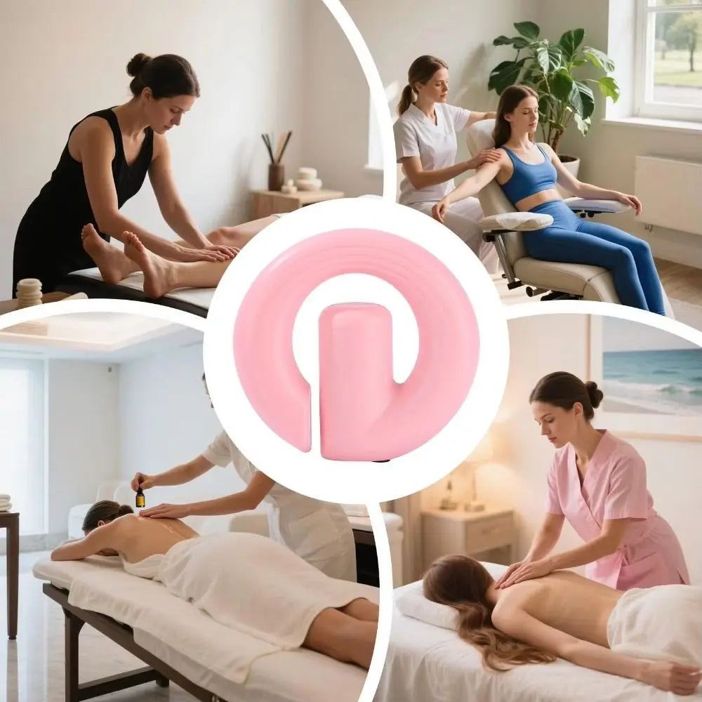 A collage showing a pink curved handheld massage tool in the center, surrounded by four spa scenes with therapists and clients receiving massage treatments.