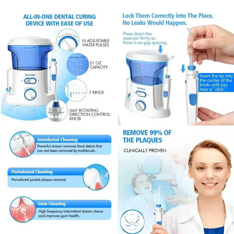 Dental curing device with features and benefits highlighted, including a woman using it.