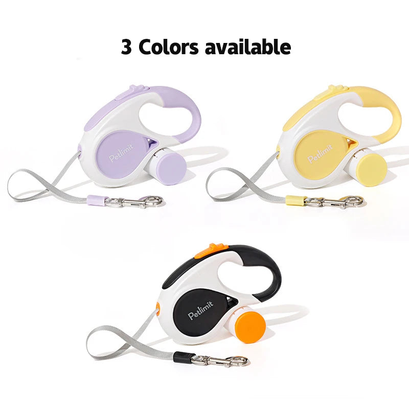 Three retractable dog leashes in different colors on a white background with text '3 Colors available'.