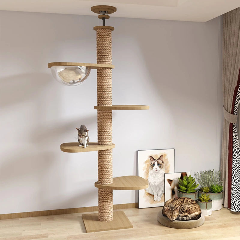 A tall wooden cat tree with rope-wrapped posts and multiple perches, shown in a styled room with a cat on one of the levels and a second cat resting on a cushion beside framed cat portraits and small potted plants.