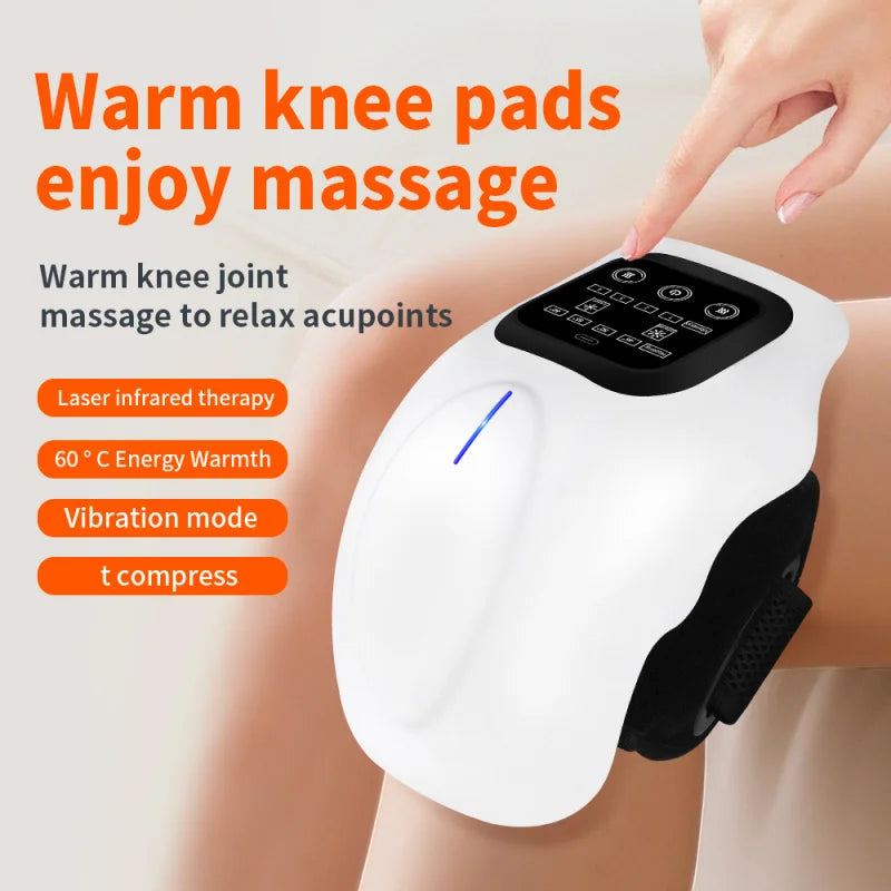 A white and black knee massage device worn on a person's leg, with a hand touching the control panel. The image includes promotional text highlighting warm knee pads, massage, laser infrared therapy, 60 C energy warmth, vibration mode, and t compress.