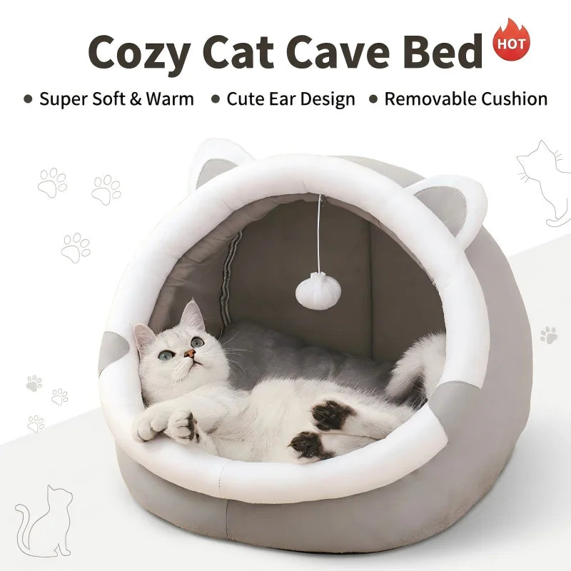 Cozy cat cave bed with a cat inside, featuring text highlighting features like 'Super Soft & Warm' and 'Removable Cushion'.