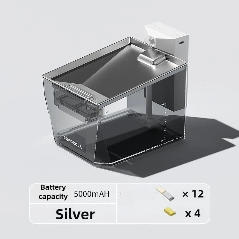 A silver and transparent 3D printer shown on a light gray background with a product information overlay at the bottom detailing battery capacity, quantity, and color.